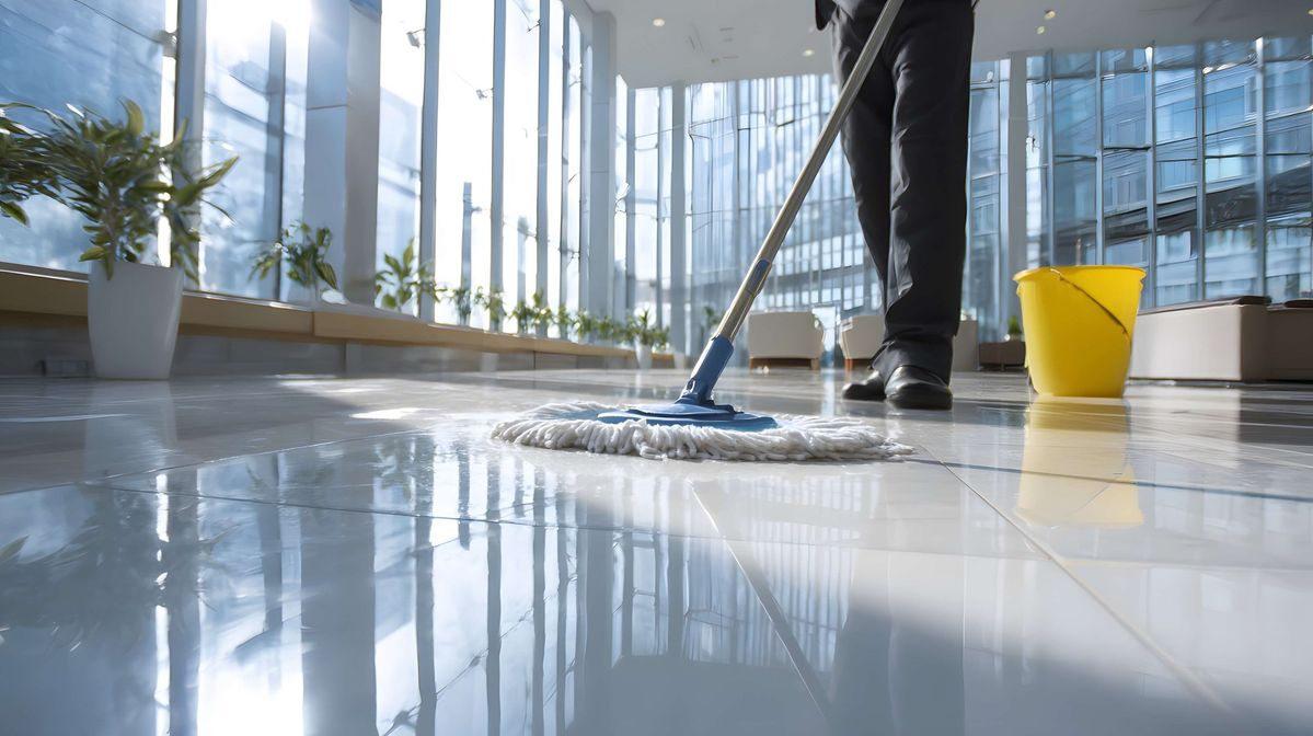Commercial cleaner mopping an office lobby floor in Edmonton